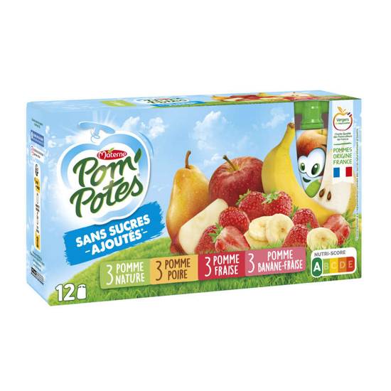 POM'POTES - Compotes de pommes - Parfums abricot, poire, fraise, banane et pomme - 12x90g