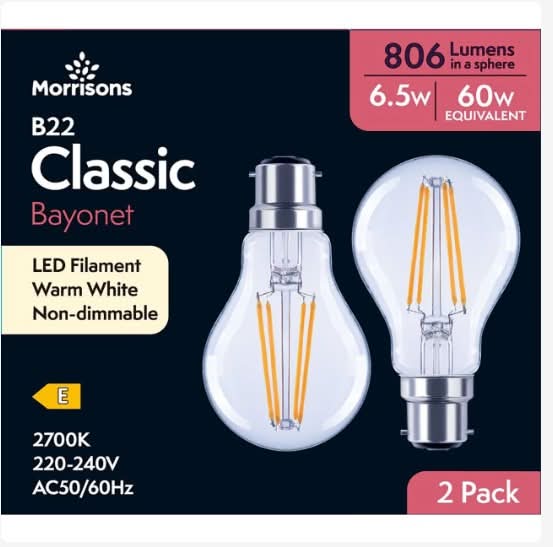 Morrisons Warm White, Classic Bayonet Led Filament Non Dimmable Bulbs 806 Lumens 6.5w (2 pack)