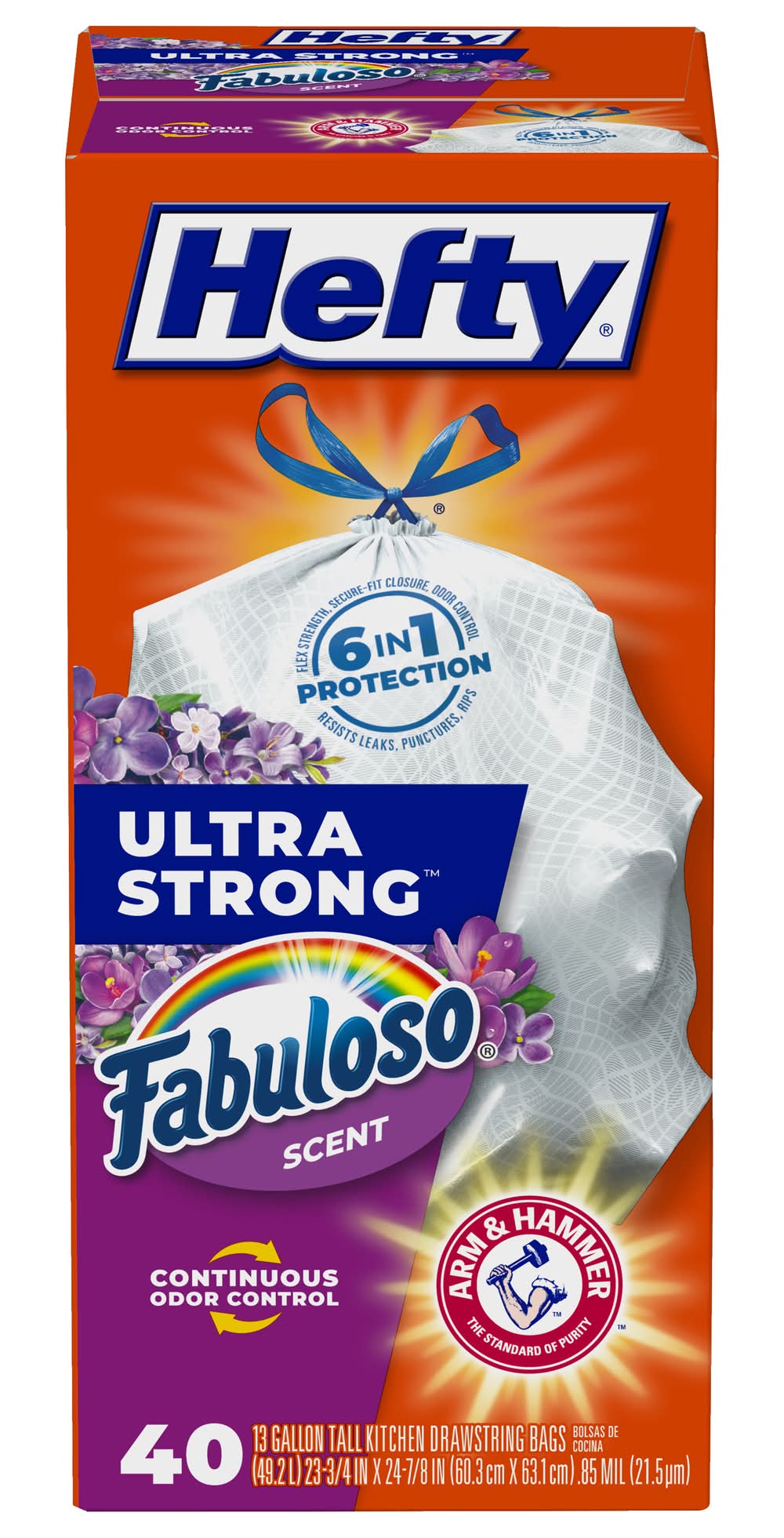 Hefty Ultra Strong Drawstring Tall Kitchen Trash Bags 13 Gallon, Fabuloso, 60.3x63.1 cm (40 ct)