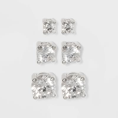 A New Day Cubic Zirconia Round Stud Earrings Set, Women, Silver (3 ct)