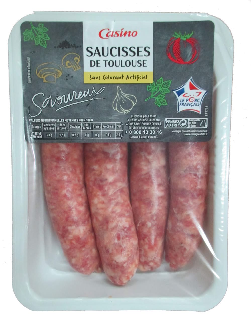 Casino - Saucisses de toulouse sans colorant artificiel (400g)