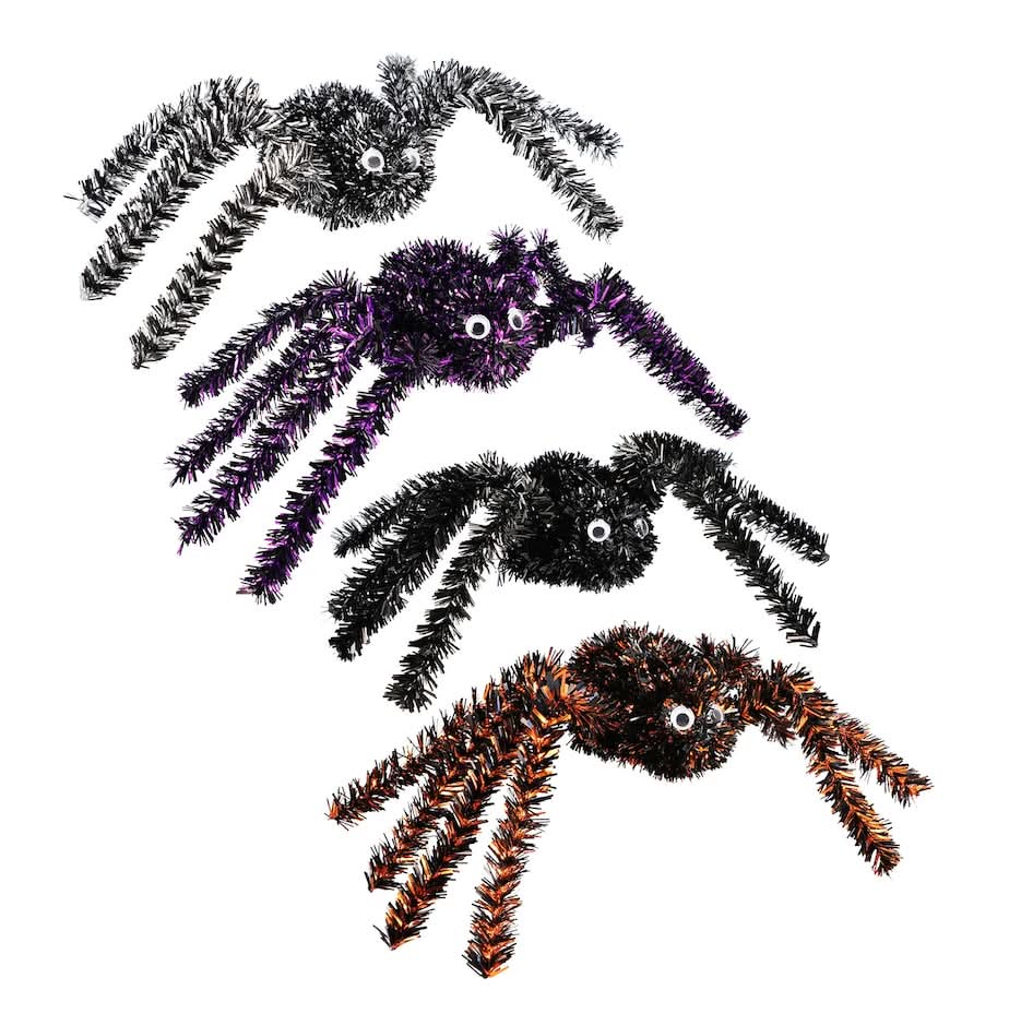 Tinsel Body Spider Halloween Decoration, Black-Purple-Silver-Orange (4 ct)