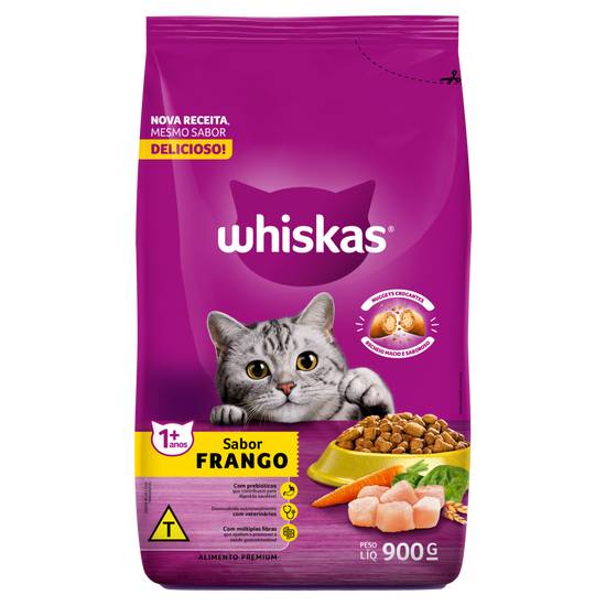 Whiskas ração seca sabor frango para gatos 1+ anos (900g)