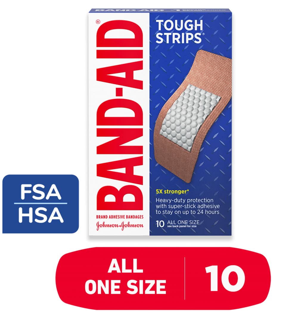 Band-Aid Tough Strips 5x Stronger Adhesive Bandages, 4.4x10.1 cm (1.2 oz, 10 ct)