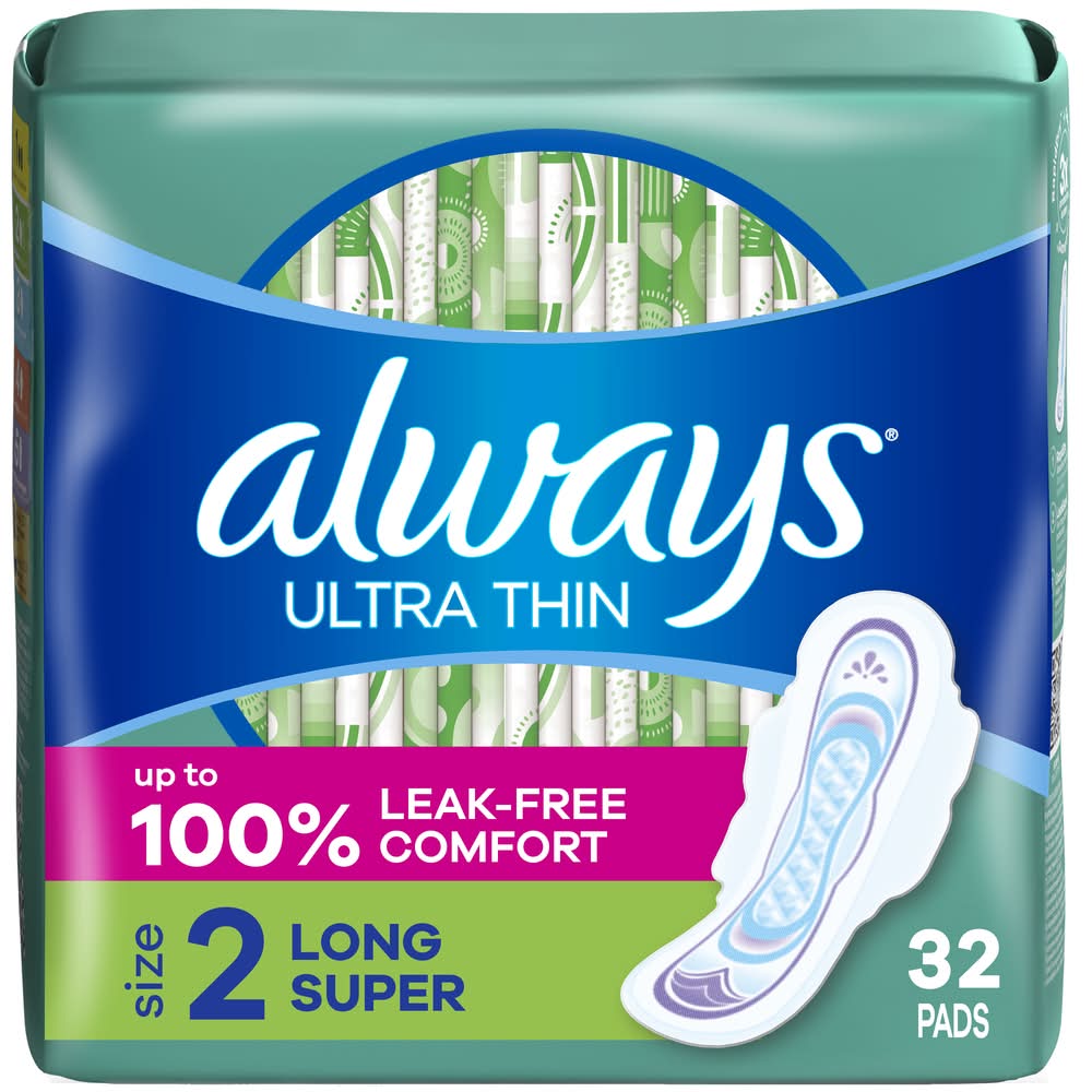 Always Ultra Thin Long Super Absorbency Pads, Women, 2 (32 ct)
