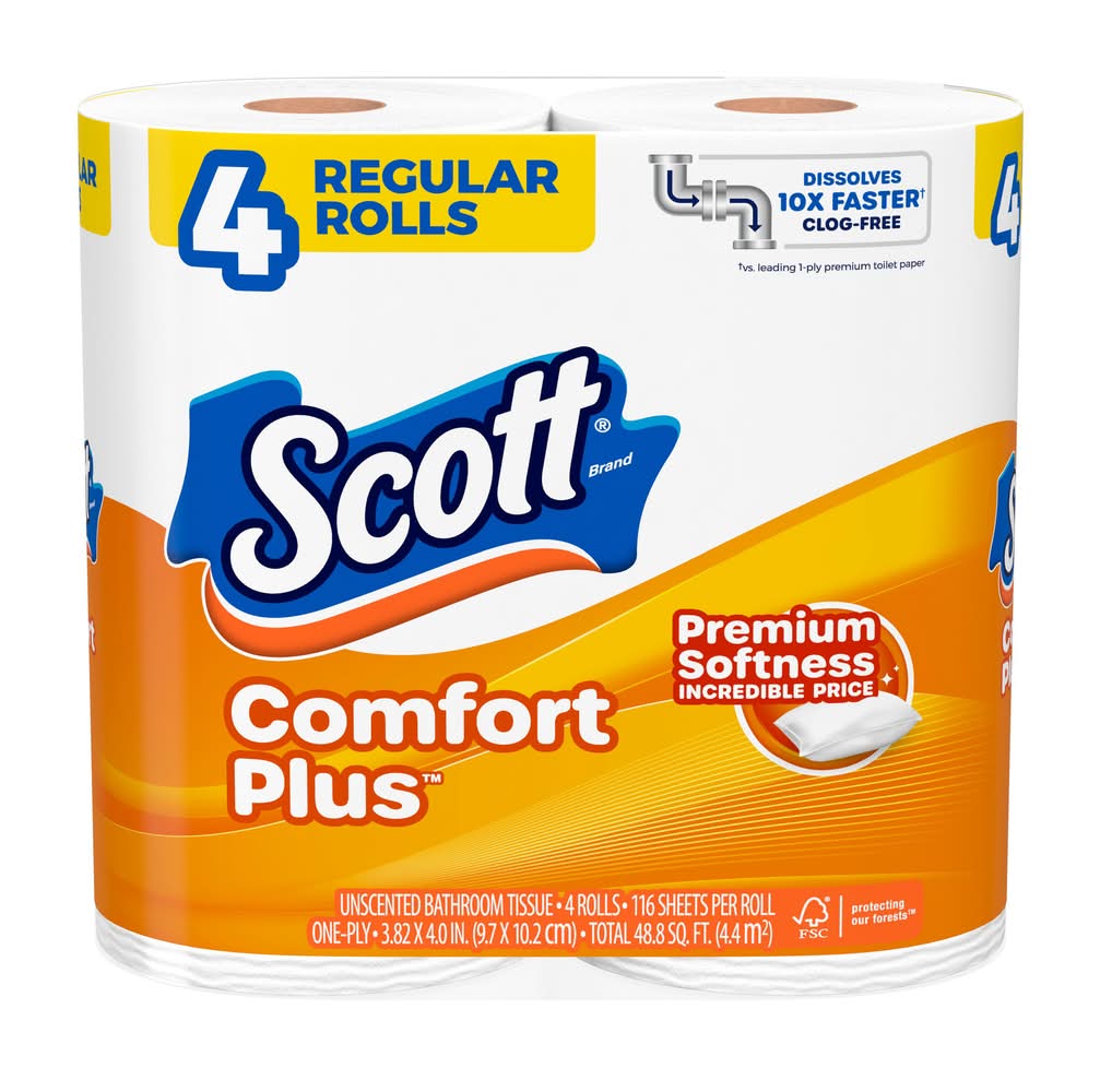 Scott One Ply Comfort Plus Premium Softness Bathroom Tissue Rolls, 3.82x4 in (4 ct)
