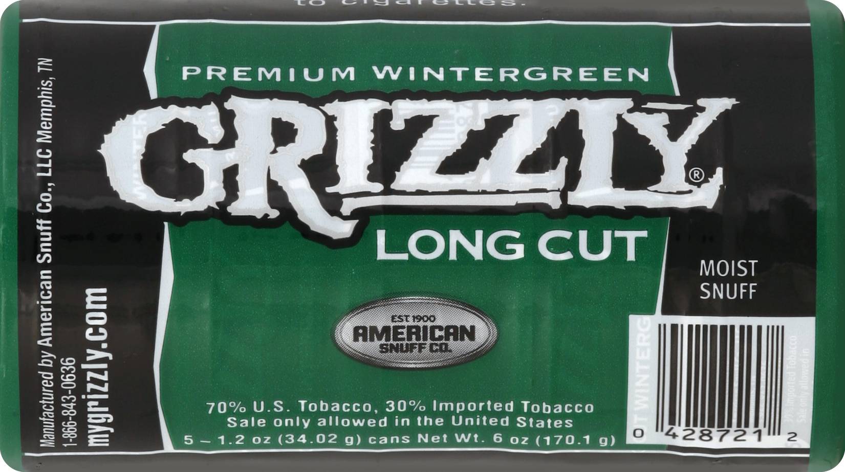 Grizzly Premium Wintergreen Longcut Moist Snuff Delivery Near Me | Order  Online