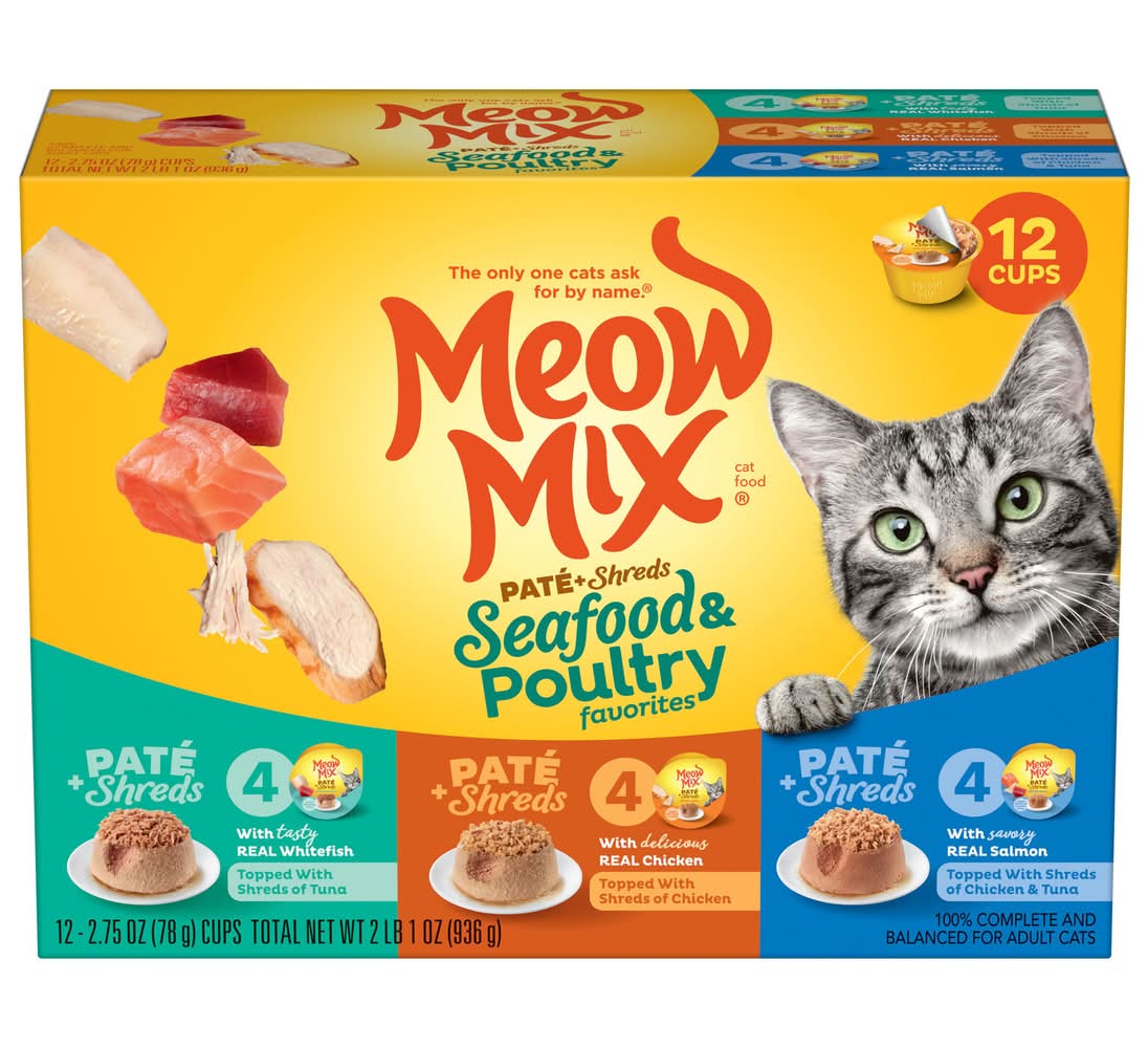 Meow Mix Pate Toppers Variety pack Wet Cat Food, Whitefish-Chicken-Salmon, Adult (12 x 2.75 oz)
