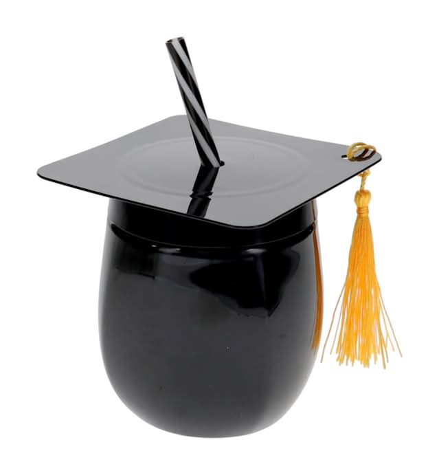 Plastic Graduation Hat Canteens With Straws, Black