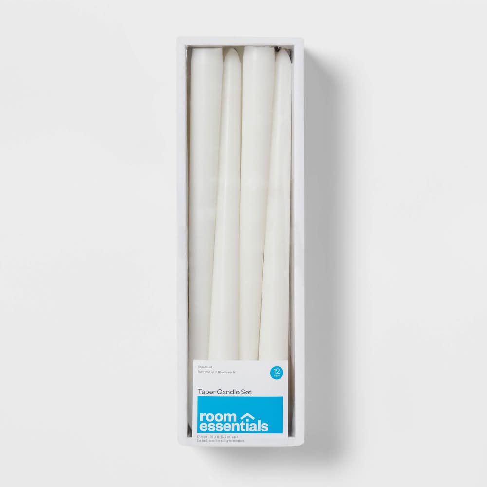 Room Essentials Unscented Taper Candles Paraffin Wax, 10 in, White (12 ct)