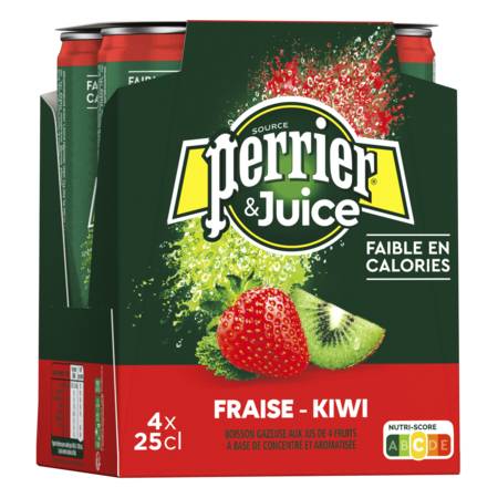 Eau gazeuse aromatisée fraise kiwi Bio PERRIER JUICE - la pack de 4 canettes de 25cL