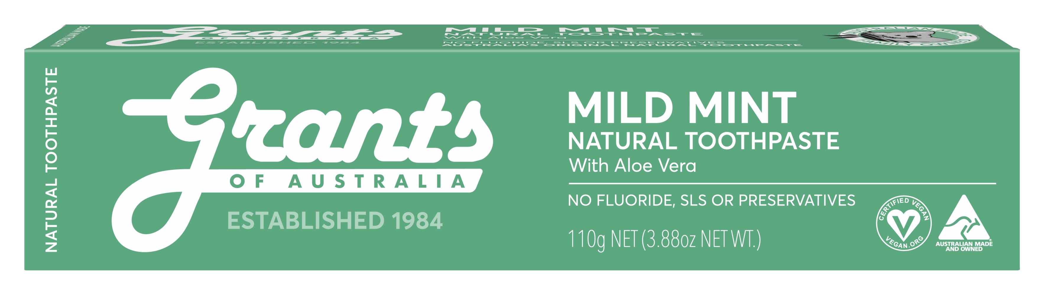 Grants Of Australia Natural Aloe Vera Toothpaste, Mild Mint (110g)
