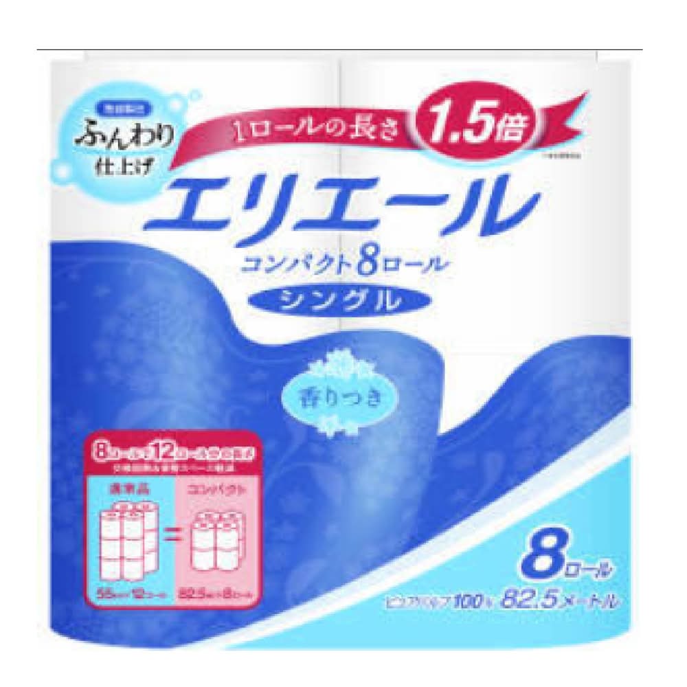 エリエール トイレットティシュー コンパクト シングル - 幅114mm×長さ82.5m (x 8)