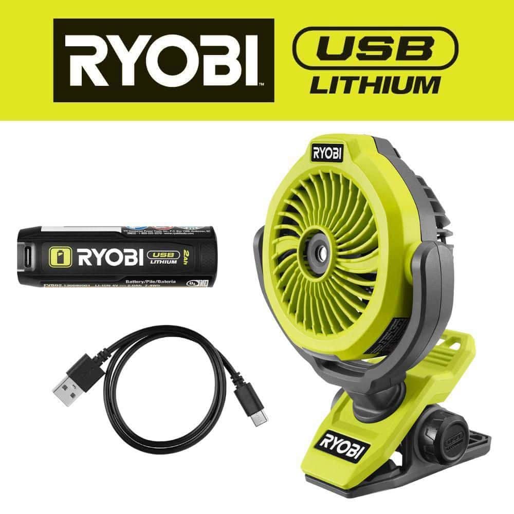 Ryobi Usb Lithium Cordless Misting Clamp Fan Kit With Usb Lithium 2Ah Battery And Charging Cable