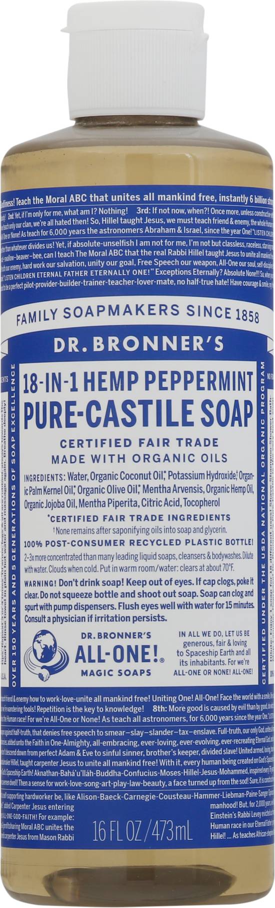 Dr. Bronner's 18-in-1 Hemp Peppermint Pure-Castile Soap (16 fl oz)