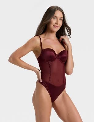 Women's Satin and Mesh Lightly Lined Lingerie Bodysuit - Auden™ Berry Red S