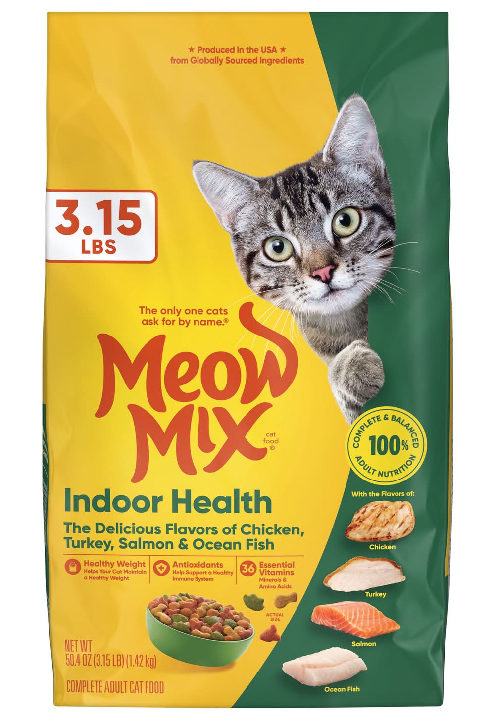 Meow Mix Indoor Health Dry Cat Food, Chicken Turkey Salmon & Ocean Fish, Adult (3.15 lbs)