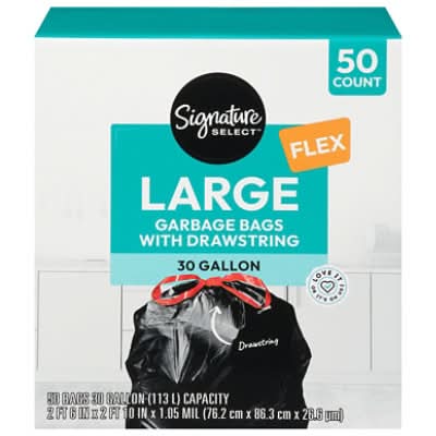 Signature Select Flex Large Garbage Bags With Drawstring 30 Gal, 2 ft 6 in x 2 ft 10 in x 1.05 mil, Black (50 ct)