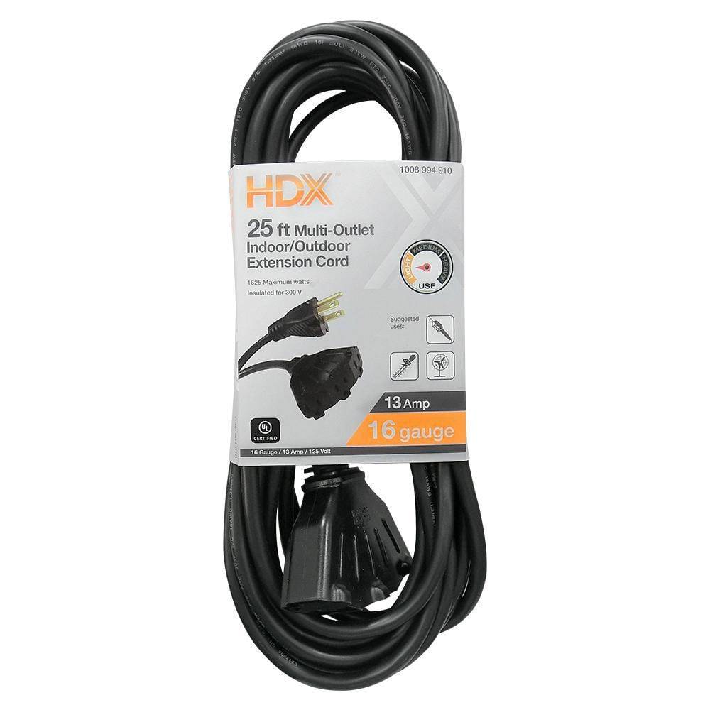 HDX Light Duty Indoor Outdoor Extension Cord, 25 Ft, Black