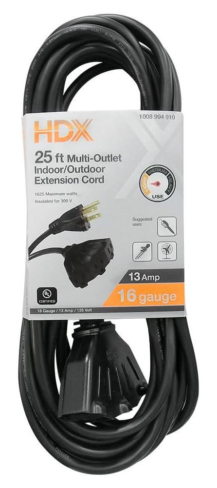 Hdx 25 Ft. 16/3 Light Duty Indoor/Outdoor Extension Cord With Multiple Outlet Triple Tap End, Black