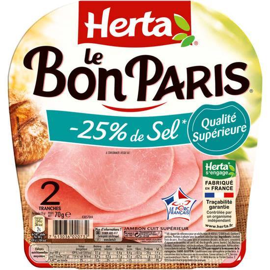 Herta Jambon - Le Bon Paris - Taux de sel réduit - 2  tranches 70g