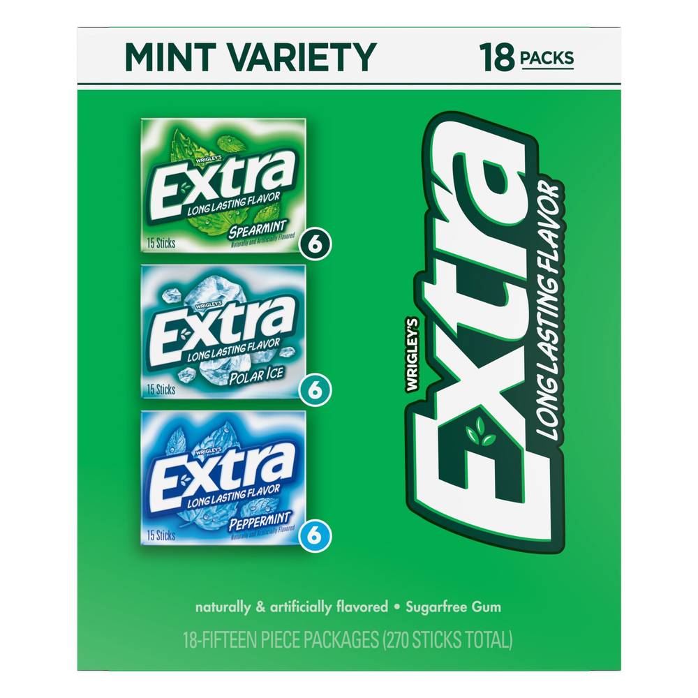 Extra Sugar Free Chewing Gum, Mint Variety Pack, 15 Sticks, 18-Count