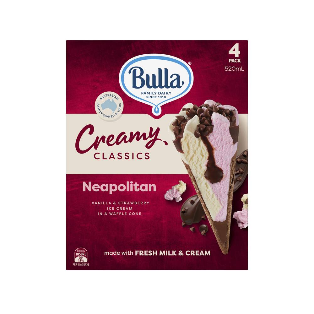 Bulla Creamy Classics Neapolitan Cones 520ml (4 pack)