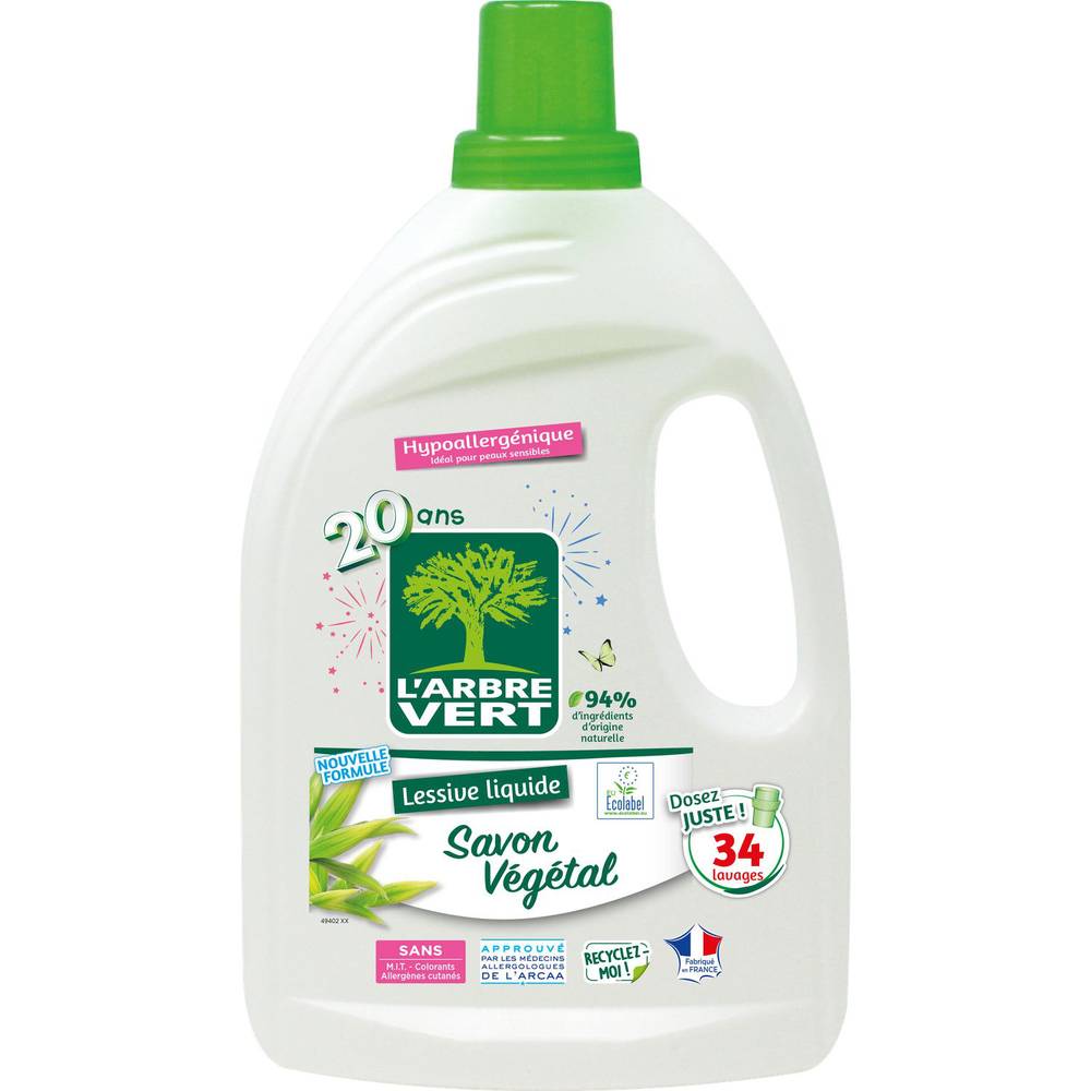 L'arbre Vert - Lessive savon végétal hypoallergénique 34 Lavages