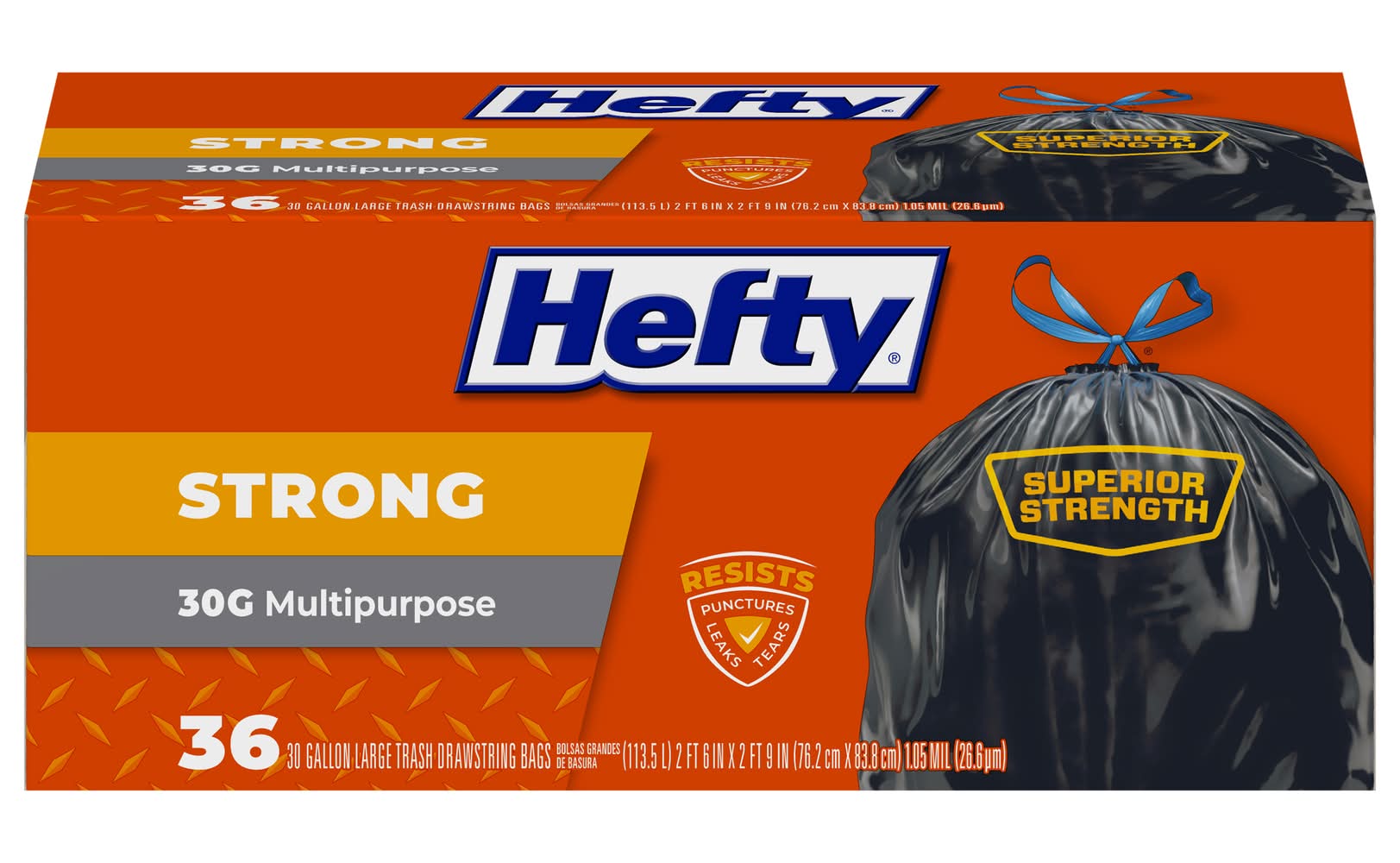 Hefty Strong Superior Strength Multipurpose Drawstring Trash Bags 30 Gallon, L, Black (36 ct)