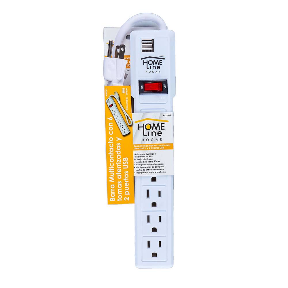 Home Line barra multicontacto con 6 tomas aterrizadas y 2 puertos usb (Blanco )