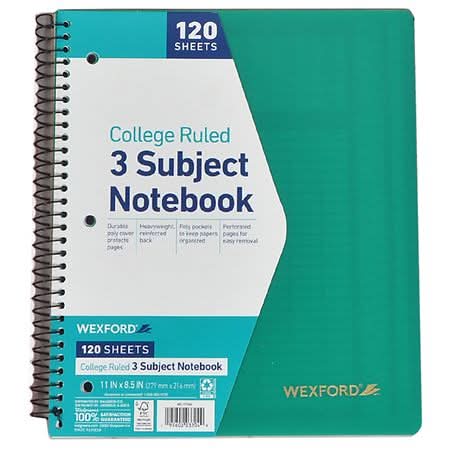 Wexford College Ruled 3 Subject Notebook, 11" X 8.5" (120 ct)