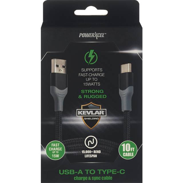 Kevlar Powerxcel Usb-A To Type-C Charge Cable, 120 Inch, Black