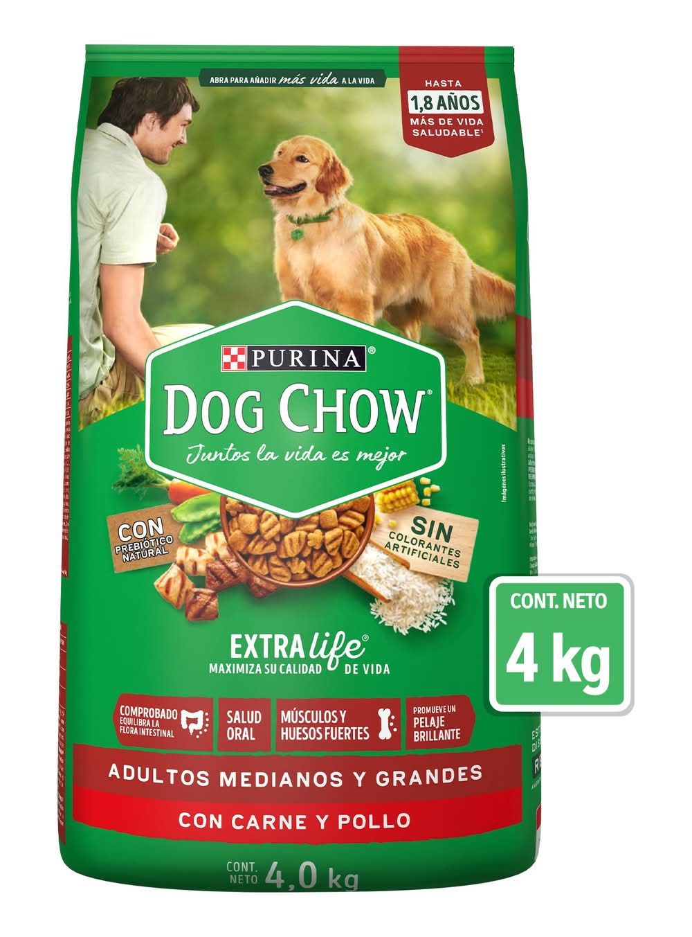Purina Dog Chow · Extralife alimento seco para perros, carne-pollo, Adultos-Razas Medianas-Grandes (4 kg)