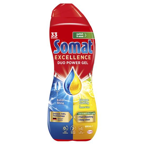 Somat Excellence Duo Power Gel Fast Dissolving Dishwasher Liquid Gel Cleaner Lemon 600ml