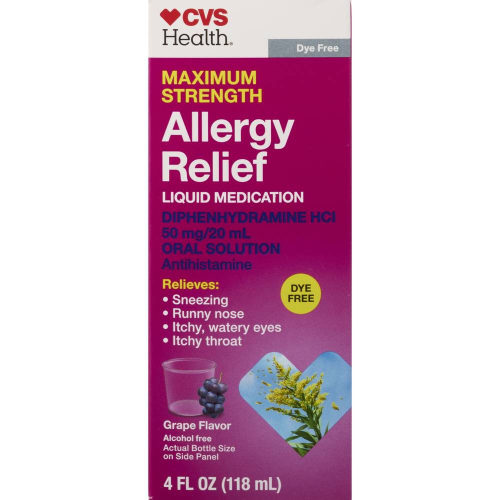 CVS Health Maximum Strength Allergy Relief Liquid Dye Free Diphenhydramine HCl Oral Antihistamine, Grape, 4 OZ