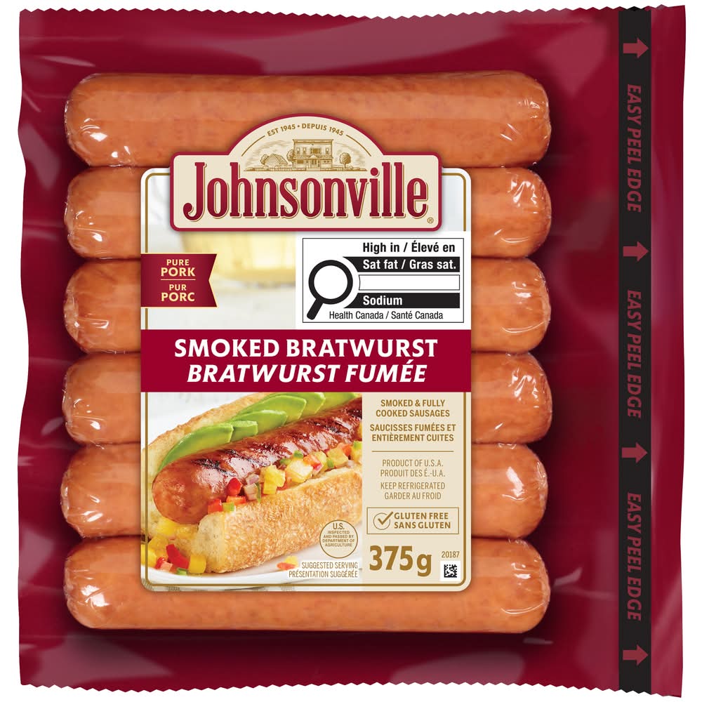 Johnsonville Pure Pork Fully Cooked Sausages, Smoked Bratwurst (375 g, 6 ct)