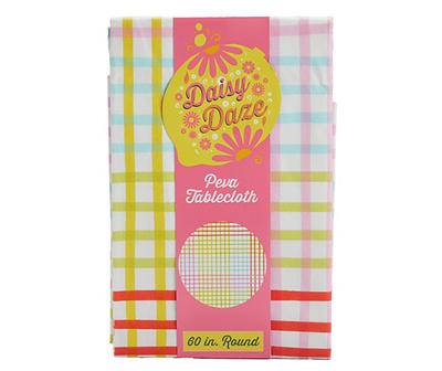 Daisy Daze Green, Blue & Pink Windowpane Plaid Plastic Round Tablecloth, (60")