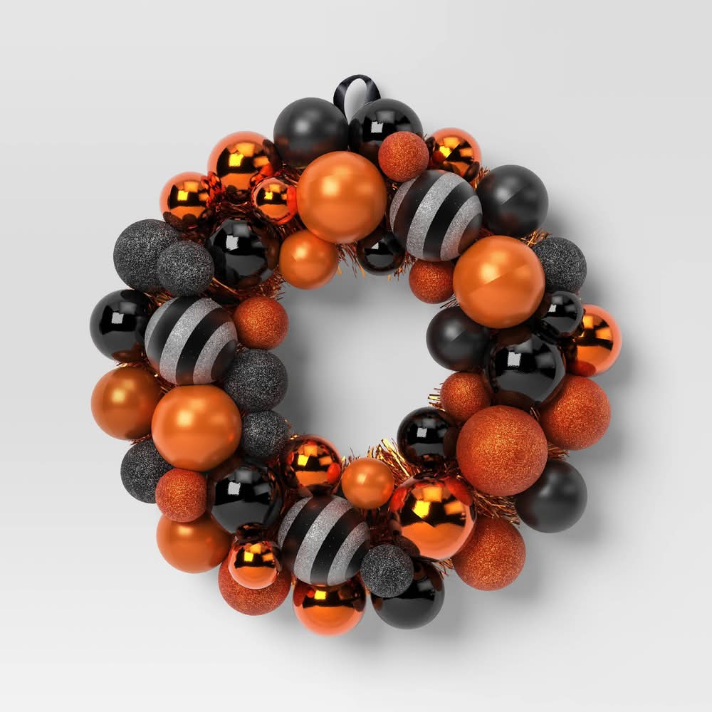 16" Plastic Balls Variety Artificial Halloween Wreath Orange/Black - Hyde and EEK! Boutique™