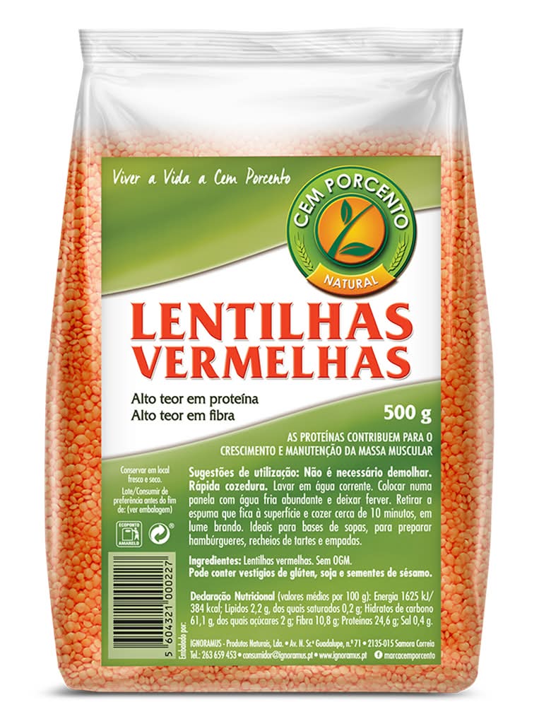 Cemporcento  - Lentilhas vermelhas, embalagem de 500g