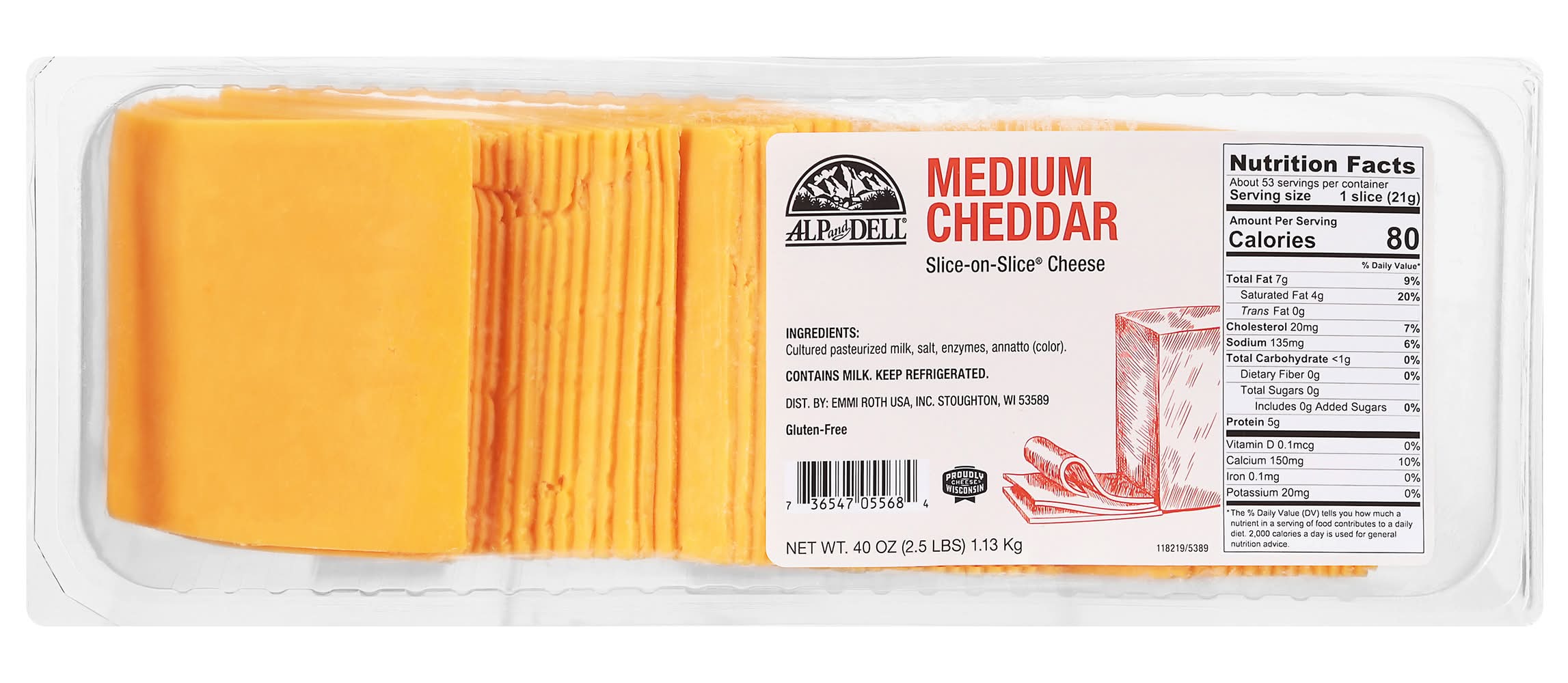 Alp And Dell Medium Cheddar Sliced Cheese (2.5 lbs)