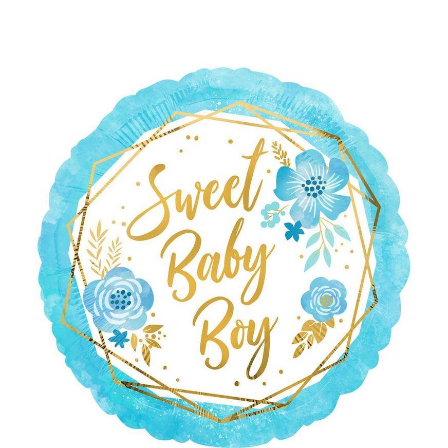 Uninflated Blue Floral Geometric Sweet Baby Boy Foil Balloon, 18in