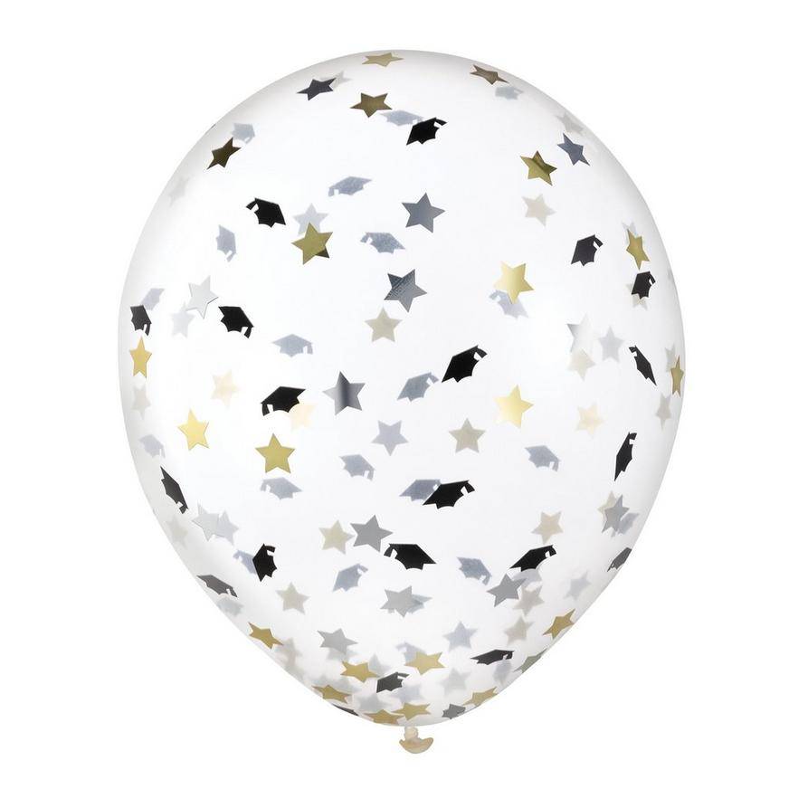 Uninflated 6ct, 12in, Black Gold Graduation Cap Star Confetti Balloons