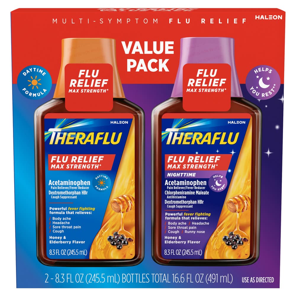 Theraflu Max Strength Daytime & Nighttime Flu Relief, Honey & Elderberry (2 x 8.3 fl oz)