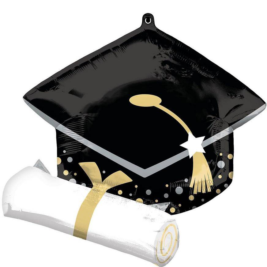 Uninflated Black Grad Cap Diploma Foil Balloon, 25in