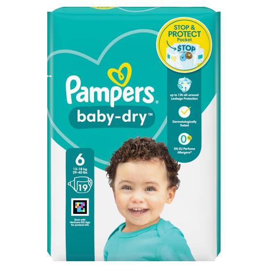 Pampers Baby-Dry Size 6, 19 Nappies, 13kg-18kg, Carry pack