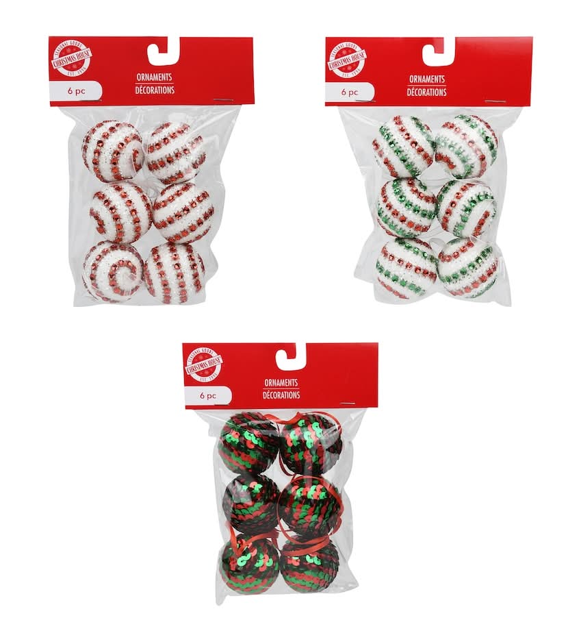 Christmas House Sequined Ball Ornaments (6 ct)