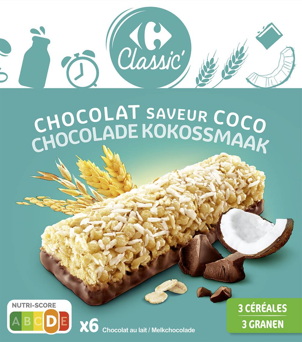 Carrefour - Barres céréalières chocolat saveur noix de coco (20,83g)