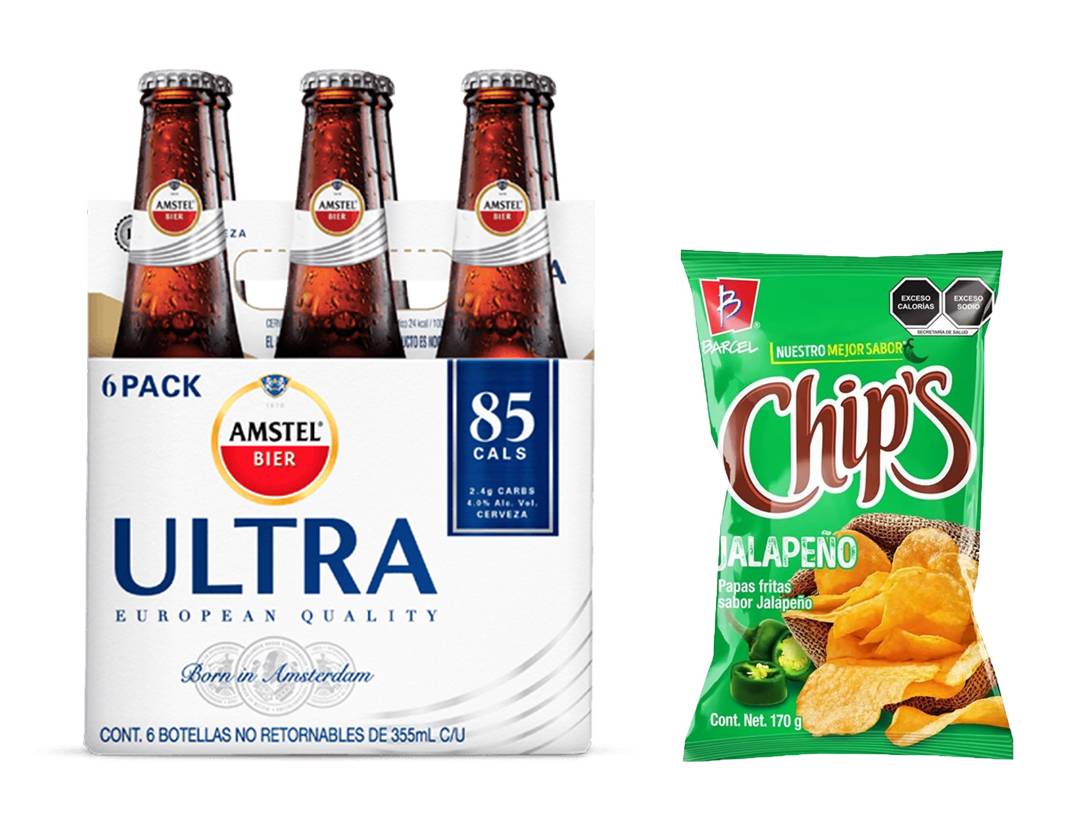 Combo Amstel Ultra Cerveza Botella Six Pack 355 ml - Chip's Papas Jalapeño 170 gr