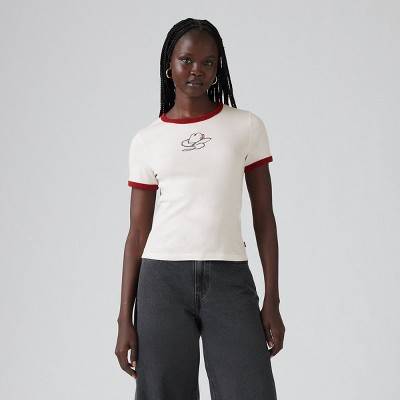 Levi's® Women's Graphic Rickie Ringer T-Shirt - Cowboy Hat Sugar Swizzle/Sundried Tomato XS: Cotton Knit, Crew Neck, Short Sleeve