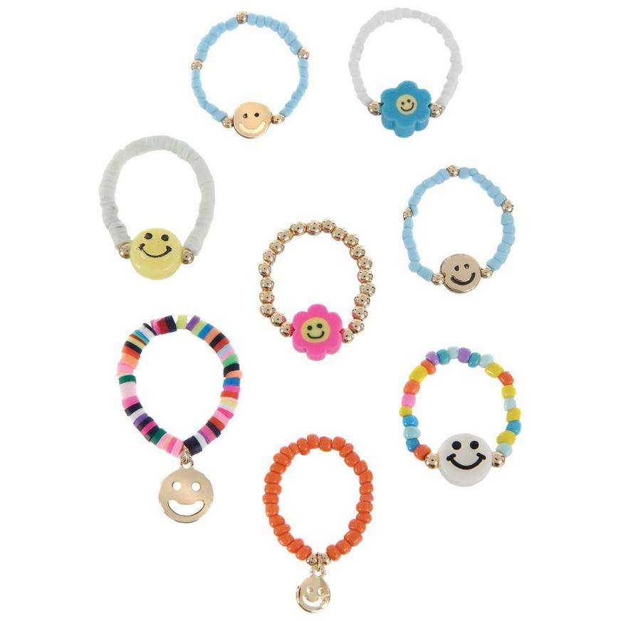 Smiley Face Stretchy Bead Rings, 8pc